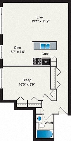 Floor plan for 1 bed, 1 bath, 692 sqft